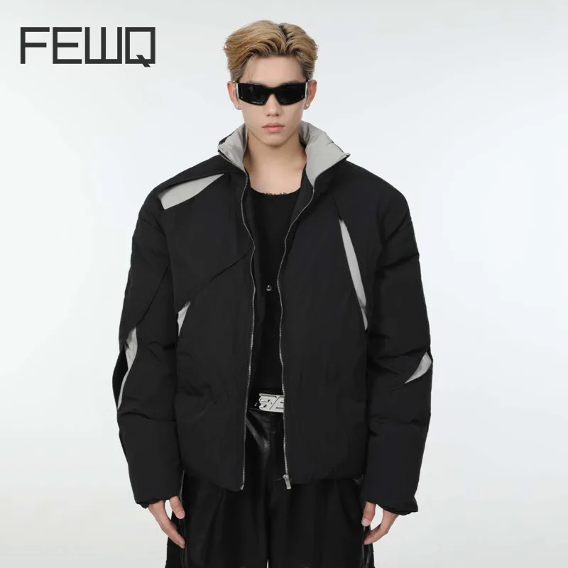 

FEWQ Niche Splicing Stand Collar Men Cotton Jacket Loose Fitting Winter Highend Color Contrast 2023 Contrast Color Male Tops