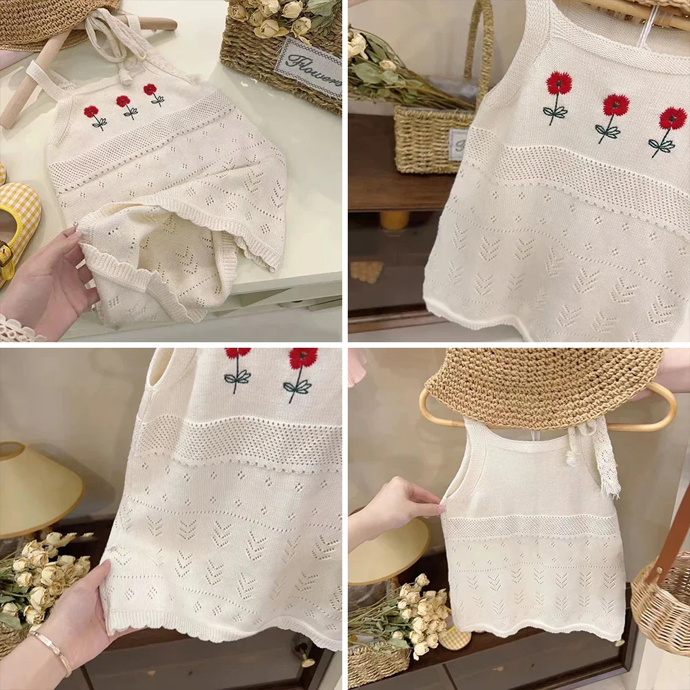 Summer New 2-7Years Girls Round Neck Knitted Flower Embroidered Hollow Out Tank Top Dress Children's Fashion Casual Clothes