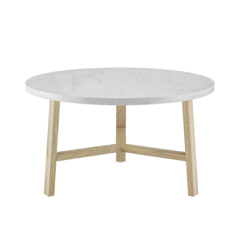 

Mid-Century Modern Round Coffee Table, White Marble/Light Oak