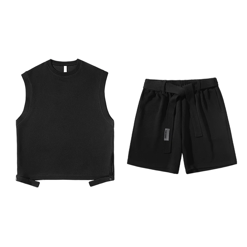 Elegant Fashion Harajuku Slim Fit Male Clothes Loose Casual All Match Sport Shorts Solid O Neck Sleeveless Tshirts Two Piece Set