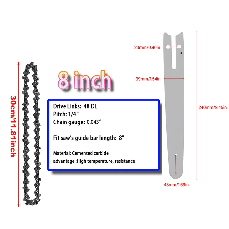 2/3/4 PCS 8 inch Metal Chainsaw Chain 1/4" Pitch 48 DL 0.043" Gauge 24 Cutters Electric Saw Kit Replacement Blades & Guide Plate