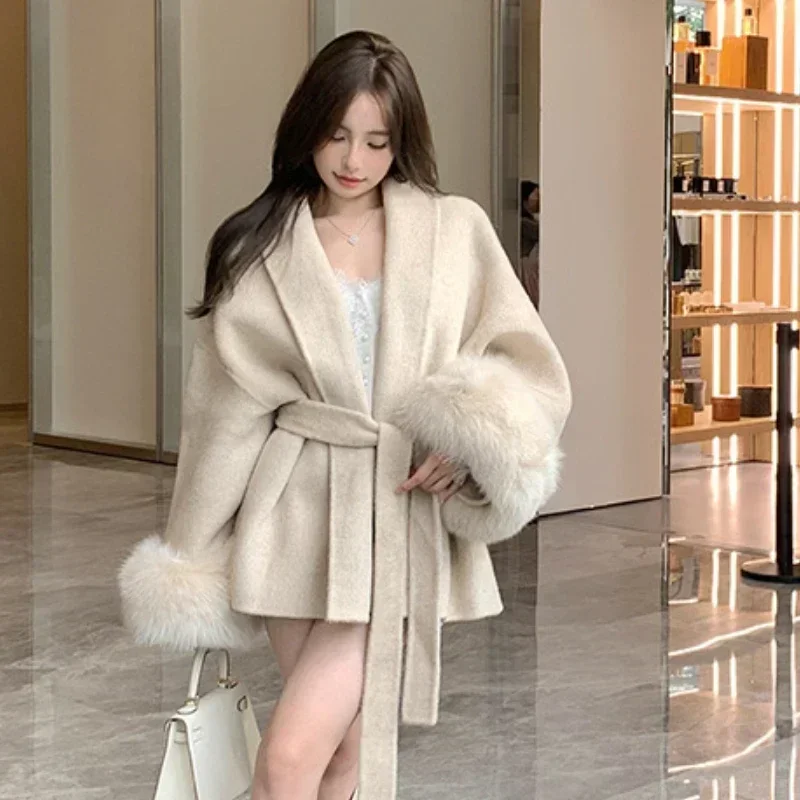 أنيقة Ffice معطف المرأة الفراء المرقعة معطف الصوف...