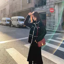 

Retro Womens Contrast Piping Button Closure Chest Pocket Collarless Long Sleeve Loose Fit Knit Cardigan Sweater Office Blazer
