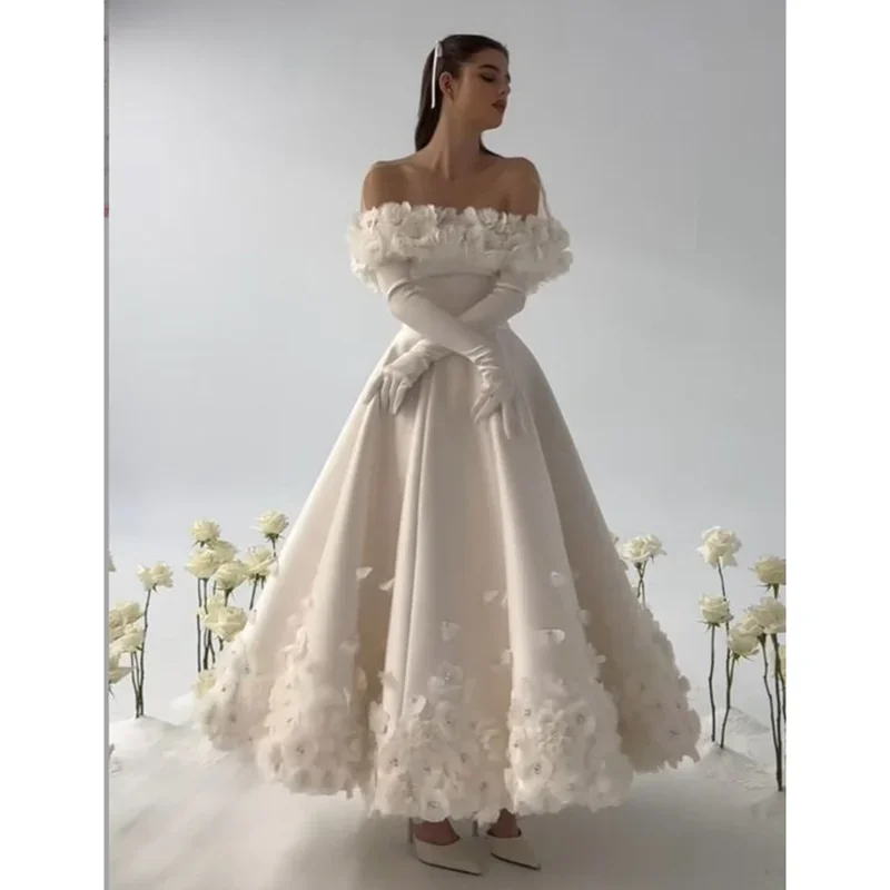 Chic White 3D Flowers Prom Dresses Elegant Strapless Draped Ankle Length Party Gowns Formal A-Line Women Evening Dresses 2024