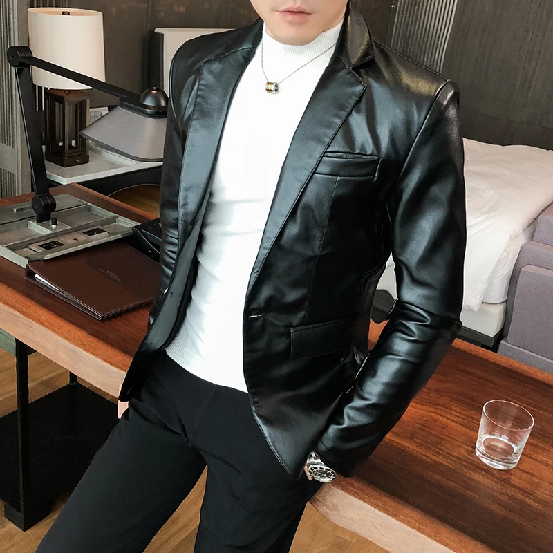 Autumn Leather Jacket Men Slim fit Casual Business Blazer Masculino Solid Color Street Wear Social PU Coat Costume Homme