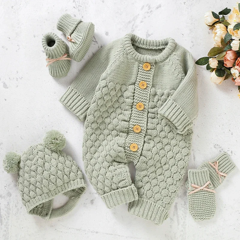 

Newborn Baby Clothes Set Knitted Infant Girl Boy Romper +Hat +Gloves +Shoes Fall 4PC Long Sleeve Jumpsuit Outfits +Mitten +Boots