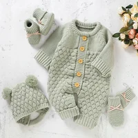 Newborn Baby Clothes Set Knitted Infant Girl Boy Romper +Hat +Gloves +Shoes Fall 4PC Long Sleeve Jumpsuit Outfits +Mitten +Boots