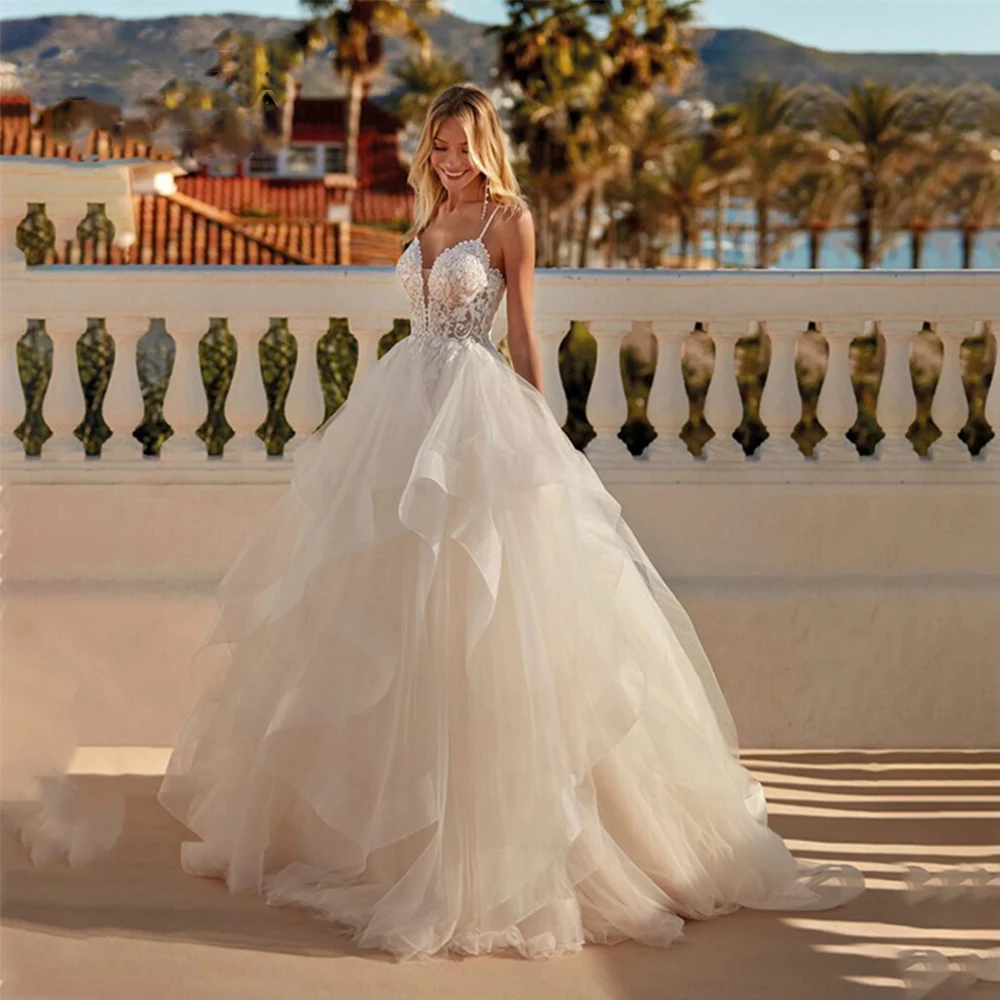 

Free Shipping Boho Wedding Dresses A-Line Pleat Spaghetti Straps Vestidos De Novia Backless V-Neck Tulle For Women