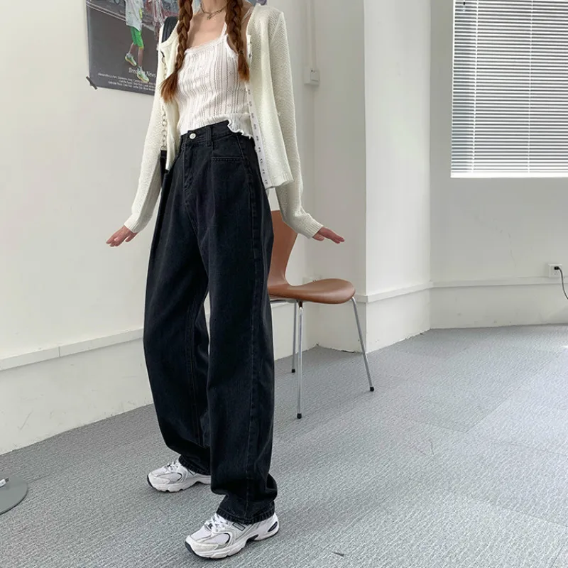 2023 Spring New Casual Long Trousers Korean Style Vintage Wide Legs Straight Jeans Women Black High Waist Oversized Denim Pants