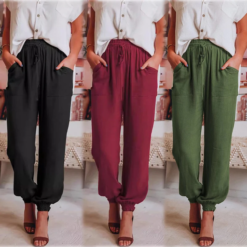 New Women's Fashion Retro Pants Casual Loose Solid Cotton Linen Harem Pants Summer Elastic Waist Pants