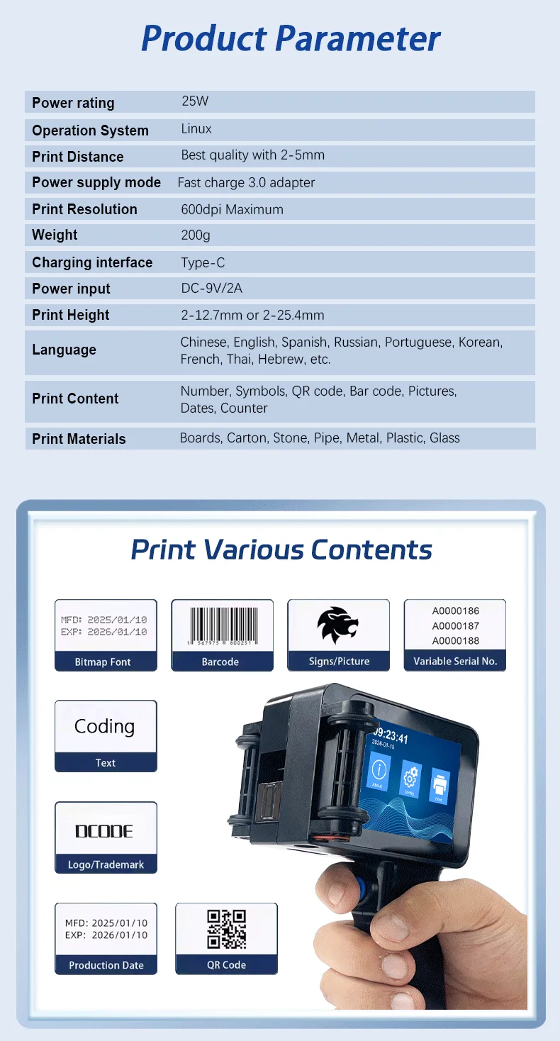 DC14 Mini Handheld Printer Portable Handheld Inkjet Printer Non-encrypted QR Bar