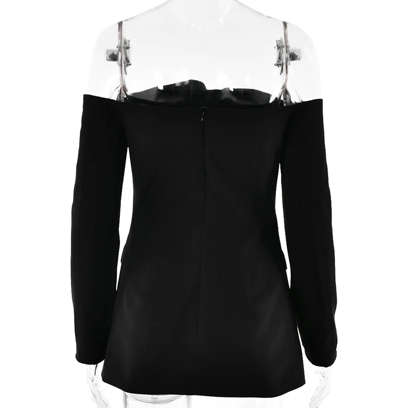 Off-shoulder Strapless Sexy Blazer Dress For Women Fashion Solid Zipper Two Pocket Long Sleeve Backless Mini Dress