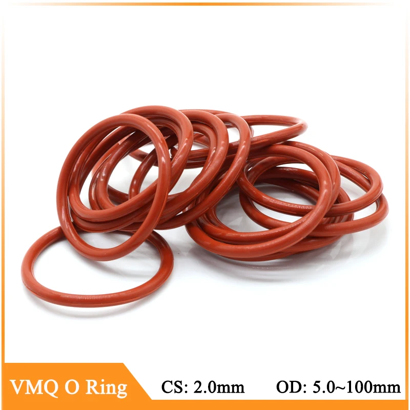 

10/50Pcs Red Food Grade VMQ O Ring Gasket CS 2.0mm OD 5~100mm Waterproof Washer Round O Shape Rubber Silicone Ring Seal Tool