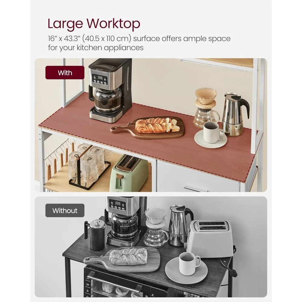 Bakers Rack with Charging Station, Coffee Bar Stand with Adjustable Storage Shelves, Fabric Drawer, 12Hooks, Table for Microwave 6
