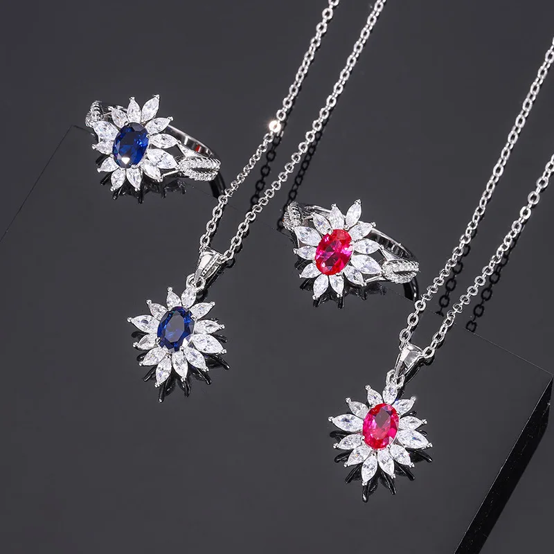 

Elegant Lab Created Ruby Sapphire 925 Sterling Silver Luxury Jewelry Set For Women Flower Pendant Necklace Ring Free Shipping