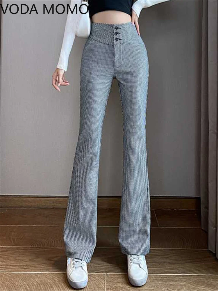 Elegant Long Office Plaid 2022 Summer High Waist Women's Wide Leg