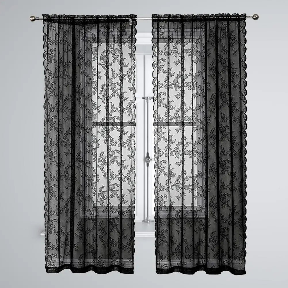 Black Lace Sheer Curtain Floral Lace Sheer Rod Pocket Curtain Panel Living Room Decoration Window Curtains Window Drape Shades 6