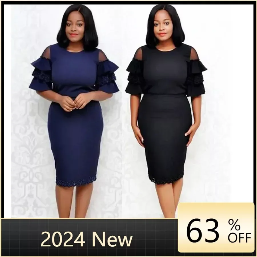 

African Party Evening Dresses for Women Elegant 2024 Spring Half Sleeve O-neck Polyester Bodycon Dress Dashiki Africa Clothing