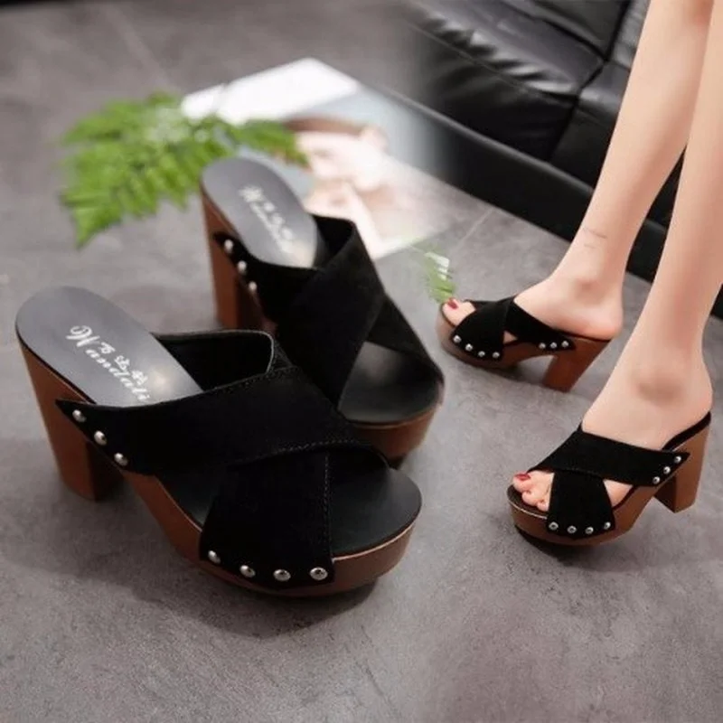 Summer Women Sandals Square High Heel Platform Flock Casual Rivet Pumps Peep Toe Female Elegant Ladies Shoes Zapatos De Mujer women high heels platform high heels sandals platform sandals