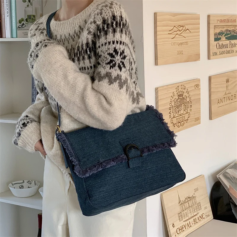 

Denim Cloth Women's Messenger Bags Solid Color Shoulder Bag for Ladies Large Capacity Female Handbags Clutch Purse Casual Tote