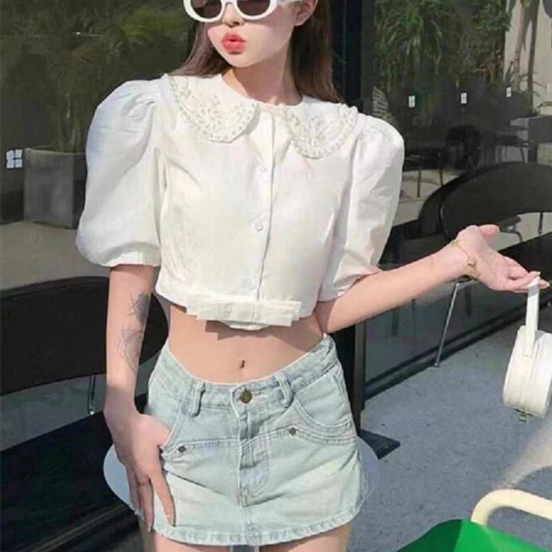 2024-spring-women-sweet-fashion-diamond-studded-doll-neck-white-shirt-short-slim-fit-bubble-sleeved-short-sleeved-sweet-blouses