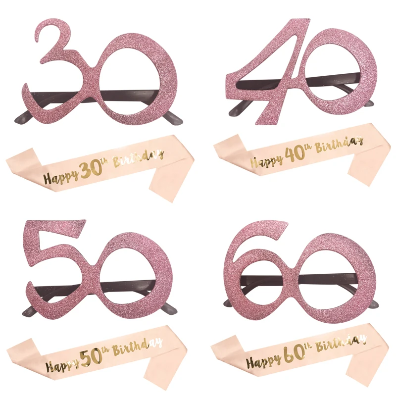 2 Pezzi Oro Rosa 30 40 50 60 Anni Compleanno Fascia In Raso Montatura Per Occhiali Per Le Donne Adulto Buon Compleanno Festa 30 ° Anniversario Fornitu