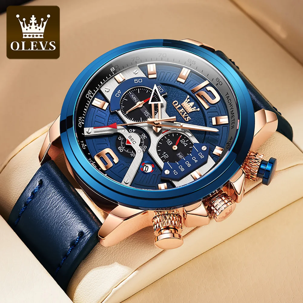 

OLEVS TOP Brand Men's Watches Multifunctional Date Week Waterproof Luminous Fashion Stainless Steel Leather Quartz Watch for Men