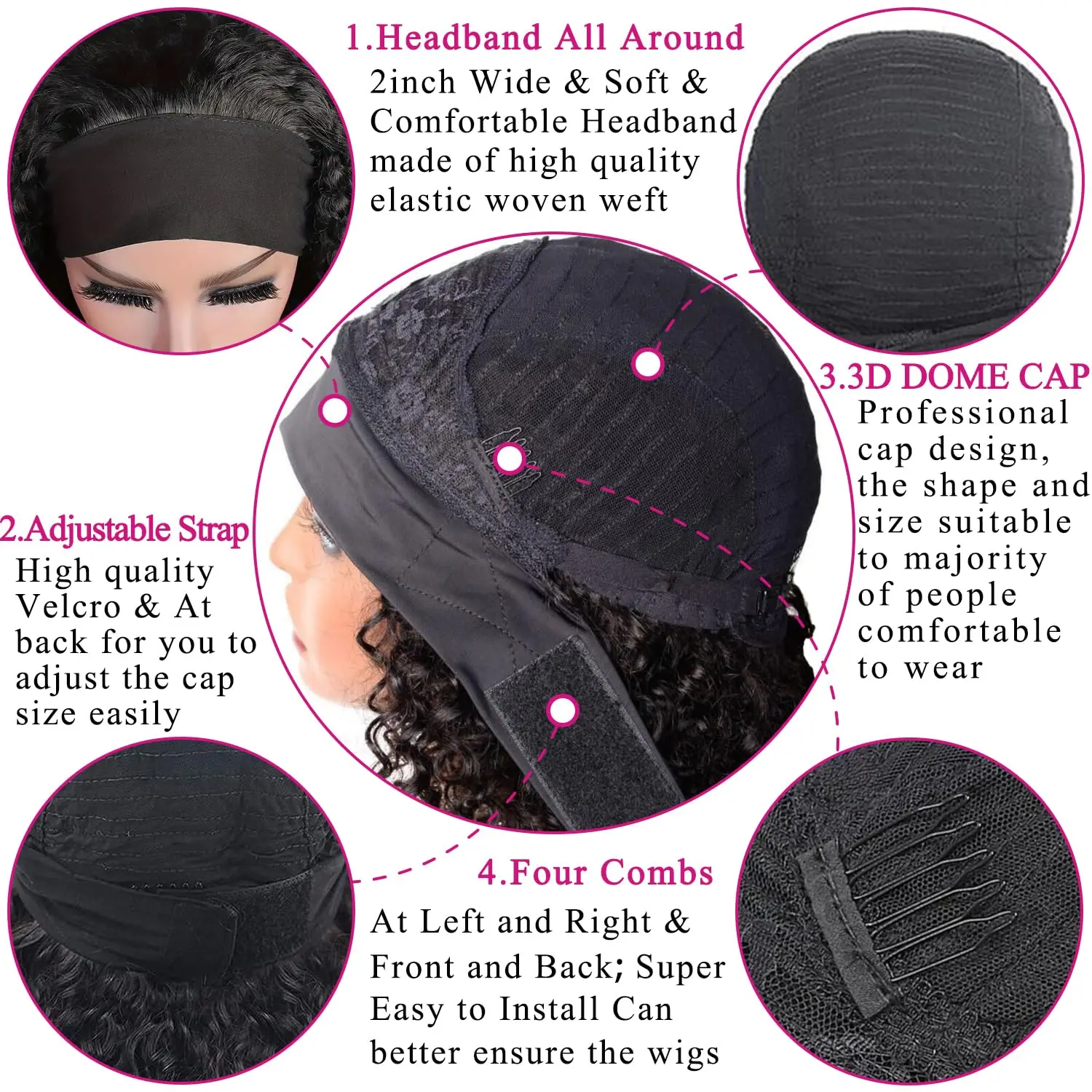 Headband Wigs Human Hair 28 30 32 Inch Water Wave Wigs 100% Real Hair Curly wig None Lace Front Wigs Full Machine Made Wigs 5