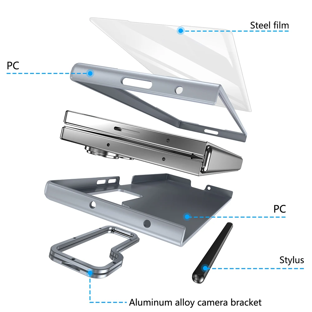 Premium Metal Lens Stand Case with S Pen Slot and Tempered Glass Protector for Samsung Galaxy Z Fold Series