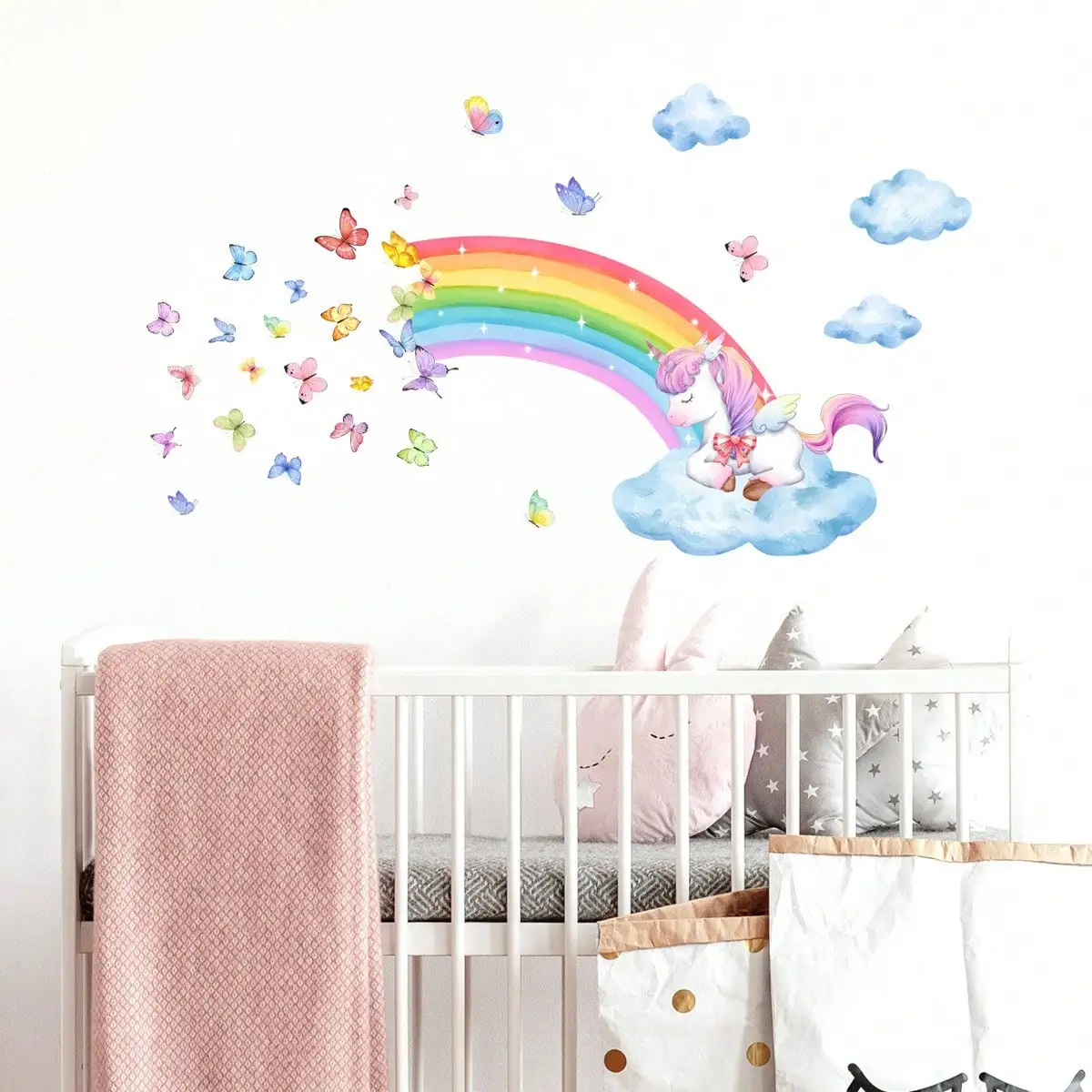 Wall Stickers Unicorn Rainbow Cloud and Butterfly Wall Sticker Background Wall Living Room Decoration