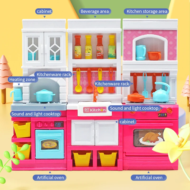 DIY Kid Play House Simulation Kitchen Pretend Toys Kitchenware Lighting and Sounds Cooking Game Set Children Fun Educational Toy 2