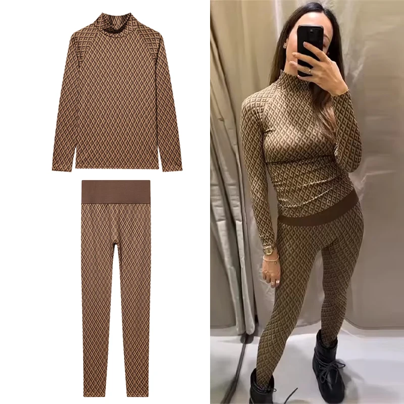Ski Series Printed Pants Two Piece Sets Women Long Sleeve T-shirt Top + Trousesr 2026 New Slim Woman Outfit