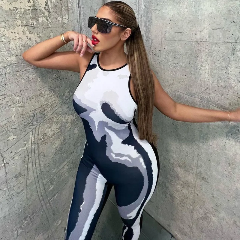 BKLD 2023 Summer New Fashion Printed Slim Round Neck Sleeveless Jumpsuit For Women One Pieces Pants Night Club Outfits