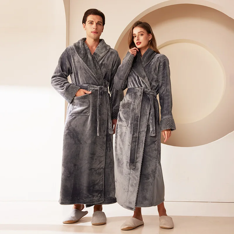 Winter Warm Flannel Couple Nightgown Women's Long Coral Fleece Bathrobe Pajamas Bathrobe for Boys and Girls Same Style