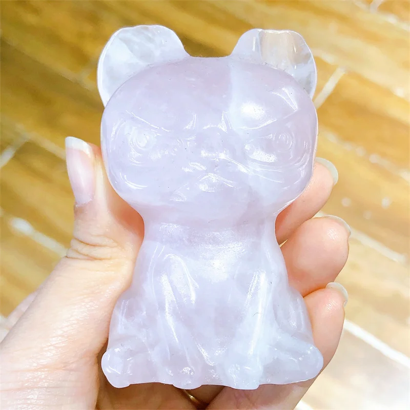 

Natural Rose Quartz Cartoon Dog Carving Polished Quartz Cartoon Animal Healing Stones Gems For Home Decoration 1PCS