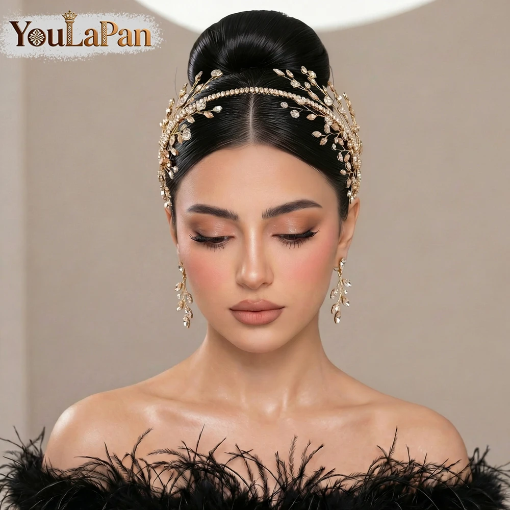 YouLaPan 트렌디 블링 라인스톤 신부 머리띠 샴페인 헤드 후프 헤어 액세서리 웨딩 신부 들러리 머리 장식 HP534
