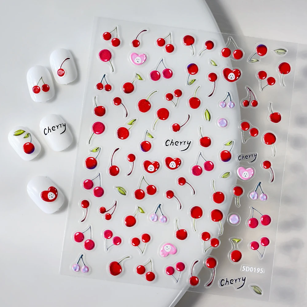 1Pcs 5D 양각 체리 네일 아트 스티커 달콤한 귀여운 신선한 빨간 체리 패턴 네일 스티커 여자 여자 홈 메이드 DIY 용품 * &