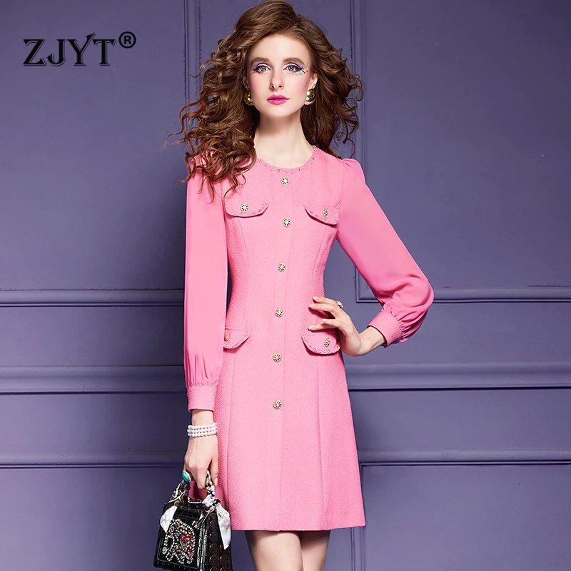 

ZJYT 2024 Spring Sweet Pink Mini Dresses for Women Long Sleeve Elegant Beading O Neck Simple Casual Dress White Khaki Vestidos