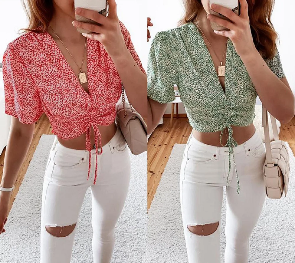 

Spring/Summer New Bubble Sleeve Sexy V-Neck Shirt Floral Print Pleated Drawstring Tie Slim Top Fresh Sweet Shirt Beach Style Top