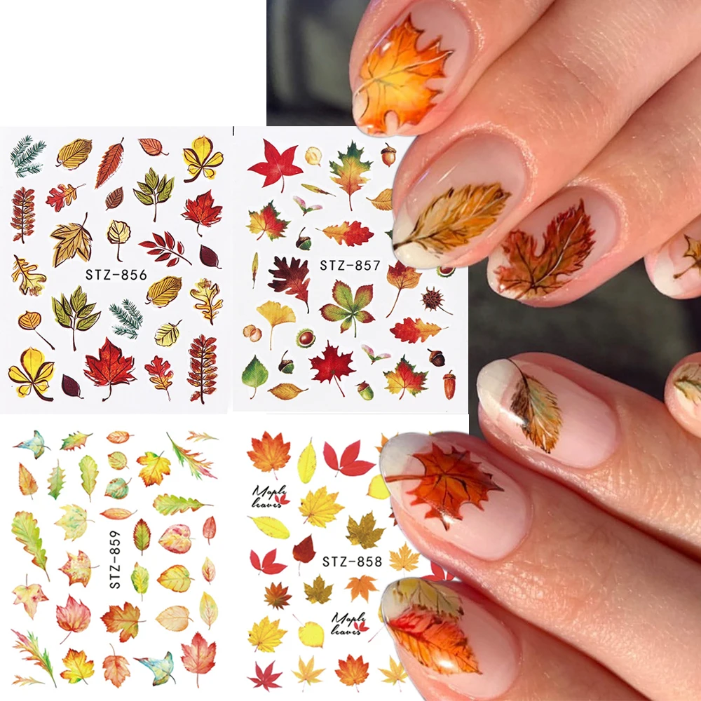 4Pcs Maple Leaf Water Nail Decals Autumn Nail Stickers Gold Fall Design Plants Animal Transfer Sliders Manicure Decor GLSTZ-856