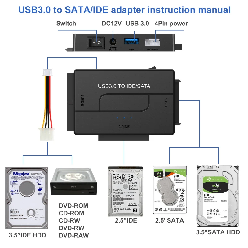USB 어댑터 지원 플러그 앤 플레이 LED USB 3.0 15.30x11.10x5.20 컴퓨터 액세서리 전송 컨버터, 간단한 USB to Sata/ide
