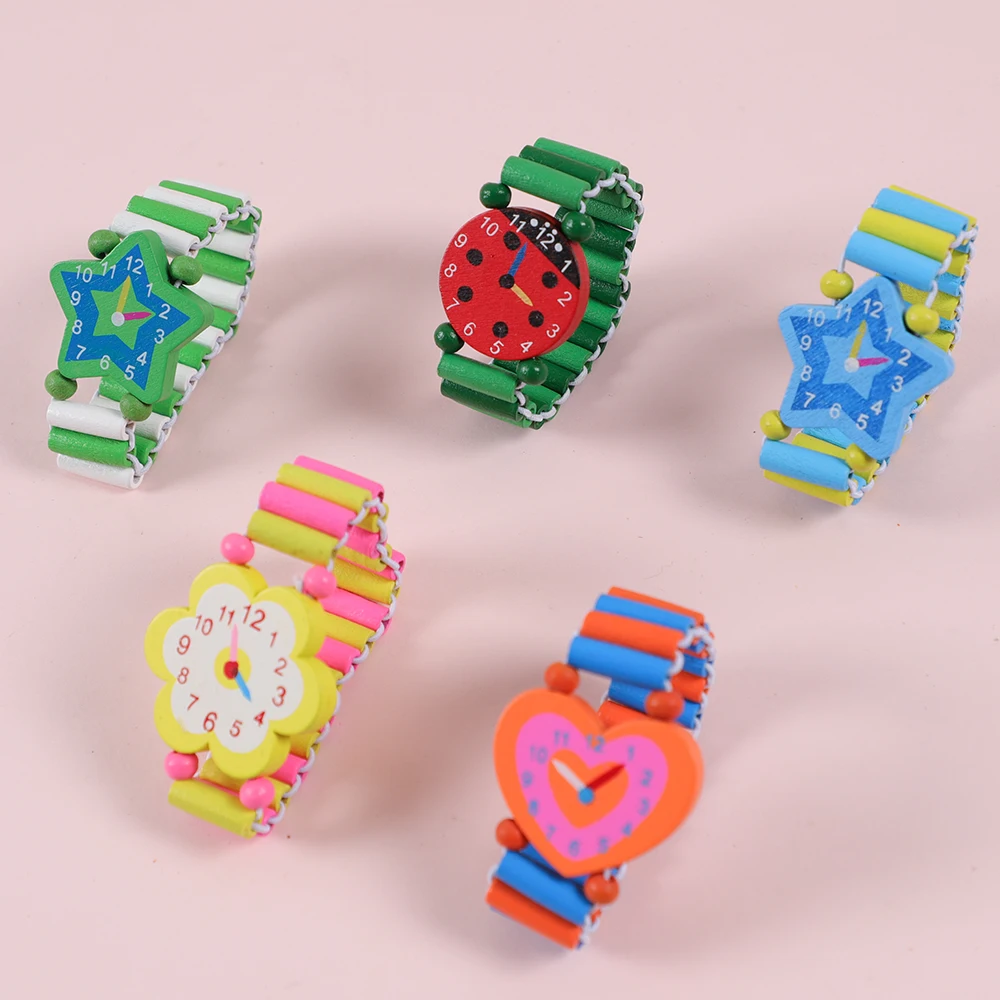 

5pcs Cartoon Wooden Wristwatches Crafts Bracelet Watches for Kids Birthday Toys Learning Education Back To School Party Favors