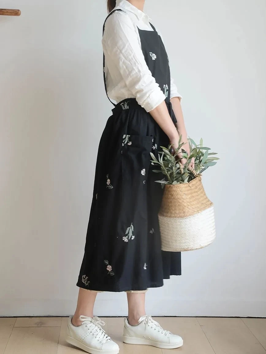 Embroidered Cotton Pinafore Apron Dress with Pockets