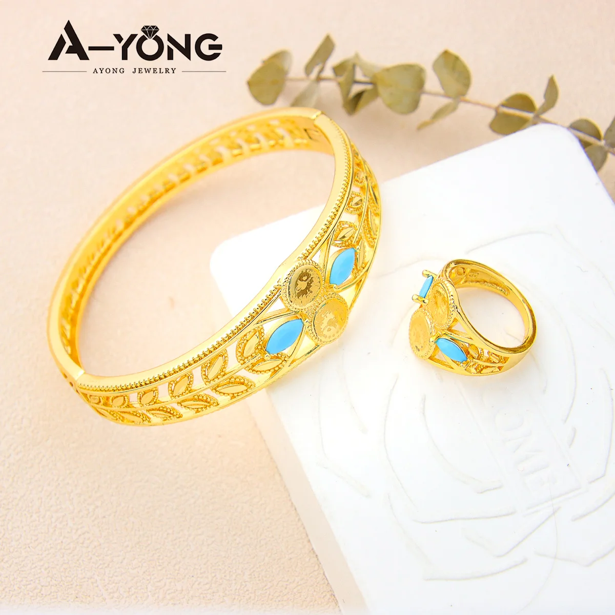 

Luxury Dubai Jewelry Gold Color Bracelet Set 21k Gold Plated High Quality Women Sets Two Pieces Original Wedding Vintage Gifts