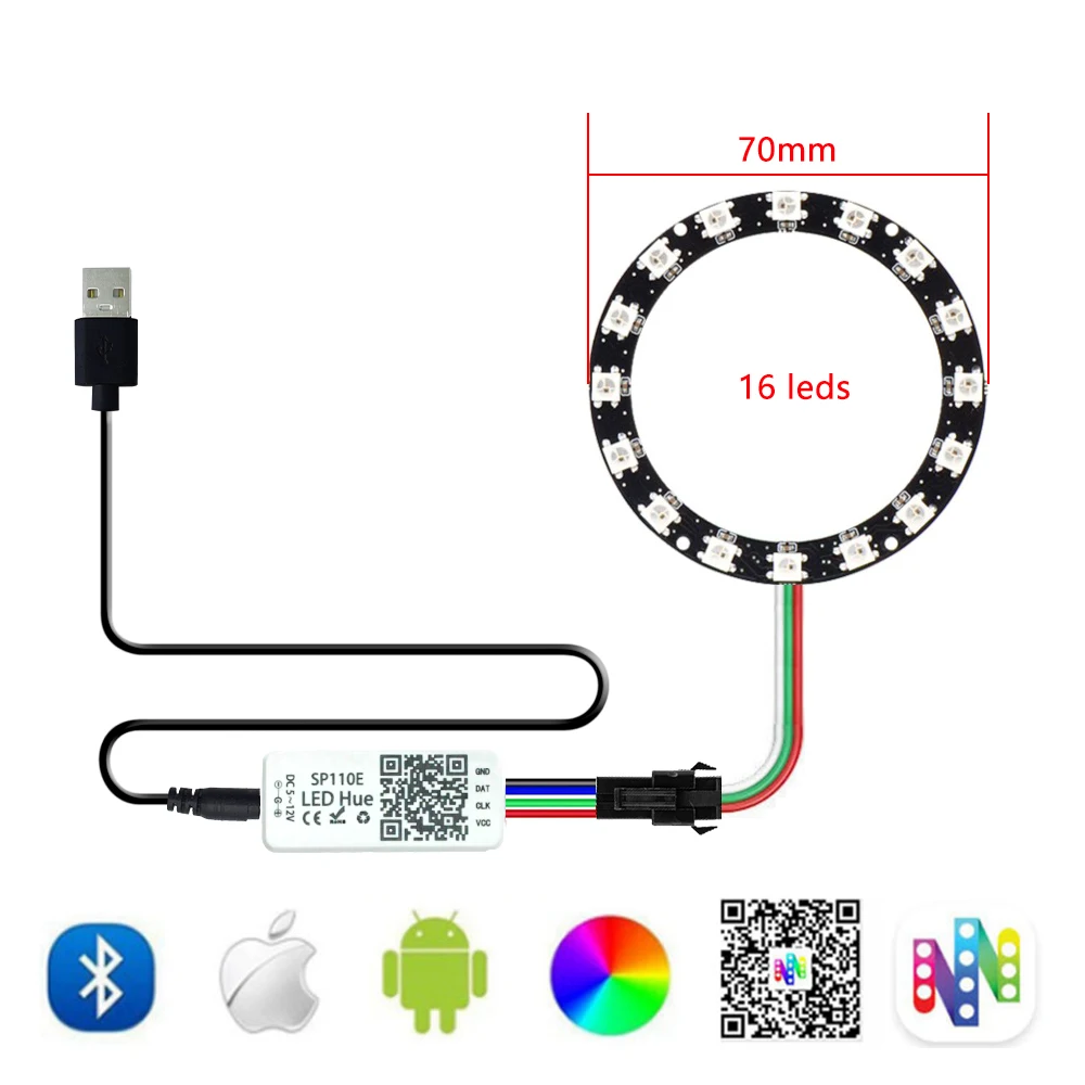 WS2812B 16/24/32/40/48/60 LED Light Ring SP110E Controller Kit WS2812 IC Individually Addressable USB Interface Connection DC5V