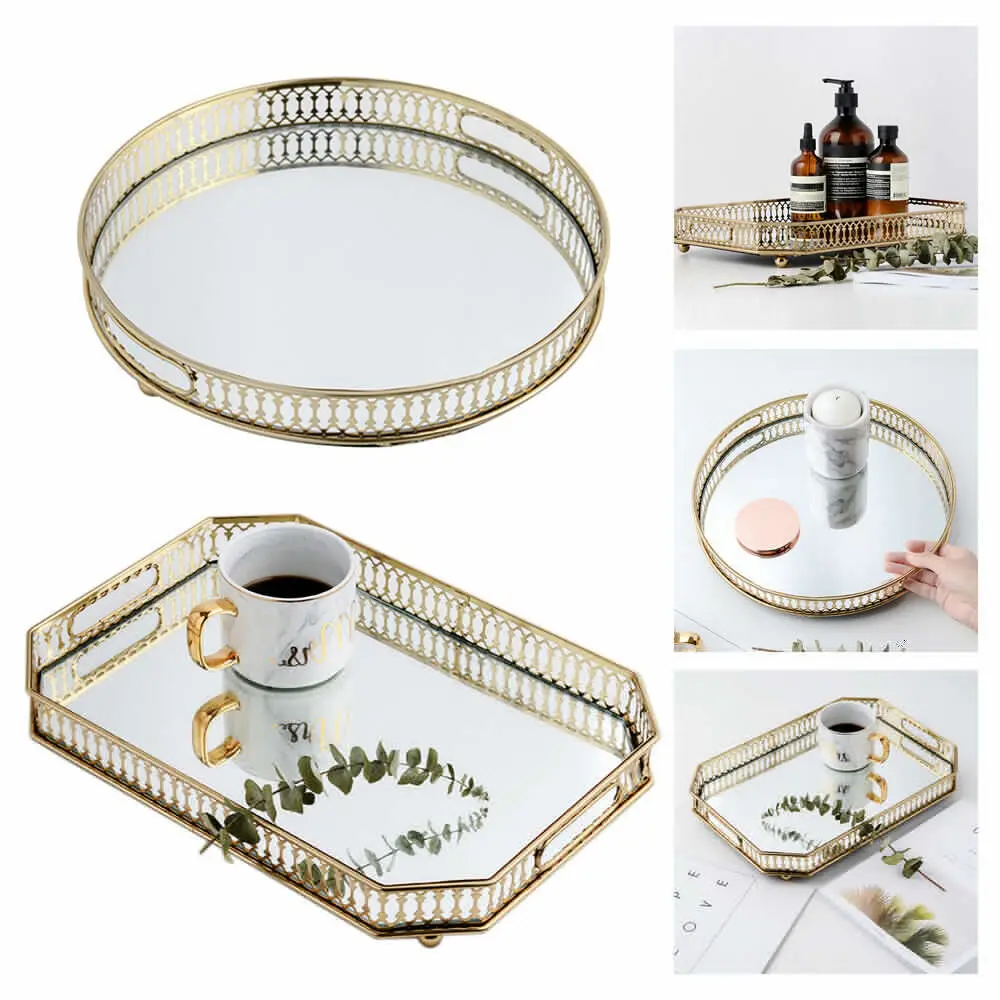 

Vintage Mirrored Vanity Tray Desktop Cosmetic Storage Organizer Floral Border Jewelry Ring Dish Octagon Perfume Plate Holder