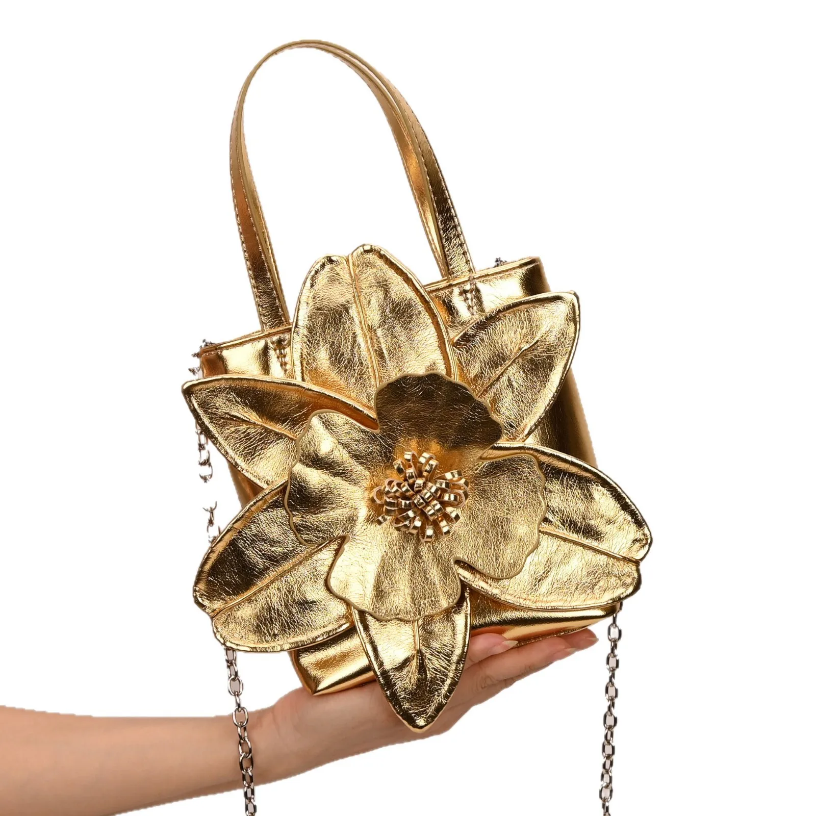 3D Floral Soft PU Leather Women Bucket Handbag Wedding Purse Dress Party Evening Bridal Clutch Bag