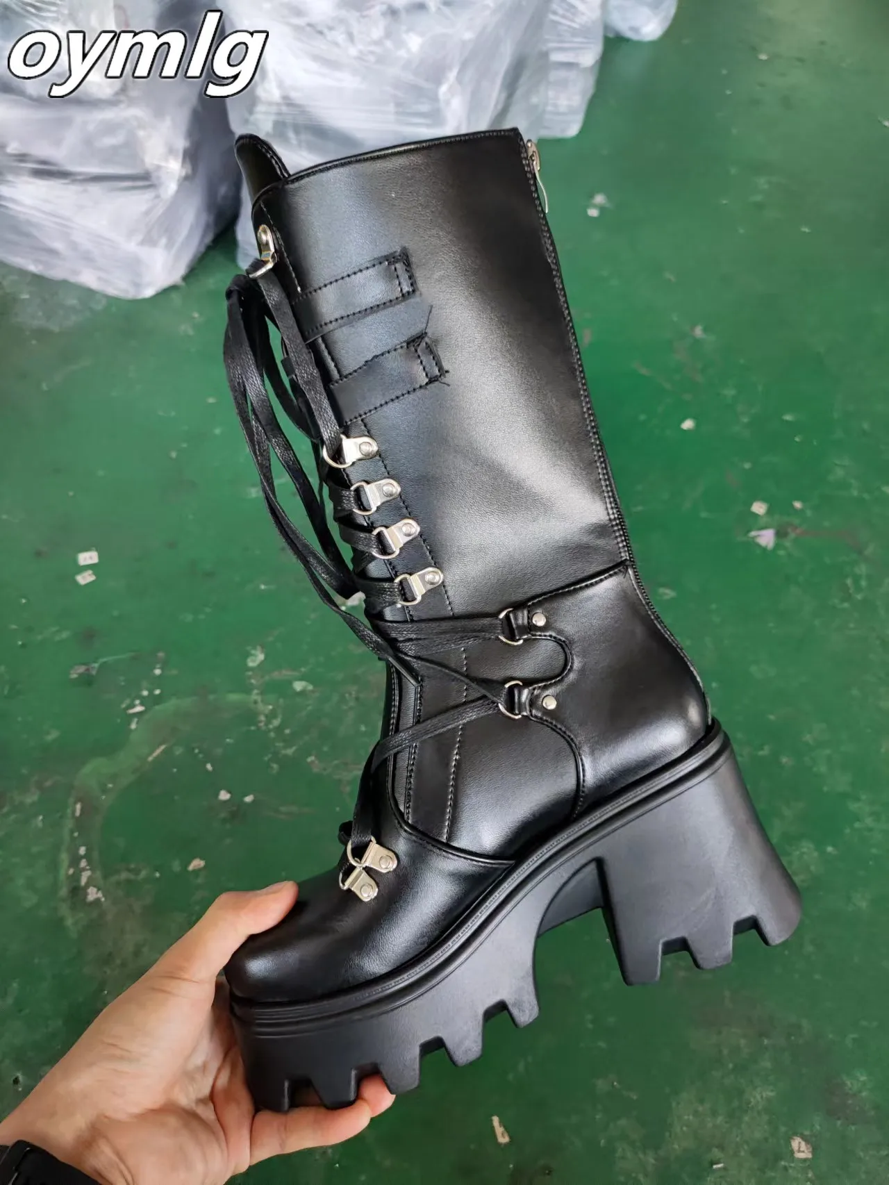 

2022 Winter Punk Rock Style Gothic Cosplay Motorcycle Biker Combat Mid Calf Boots Platform Shoes Chunky High Heels 35-43