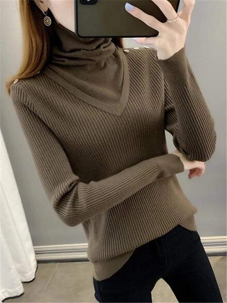 

Turtleneck Bottoming Sweater Ladies Kintwear Stripe Jumpper Top Slim Warm Winter Women Clothes Pile Pile Collar Female Sweater