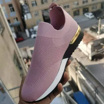 솔리드 슬립온 여성 스니커즈, 미드힐 바느질, 2024 하이 퀄리티 여성 신발, 용수철 성인 메쉬 여성 가황 신발
